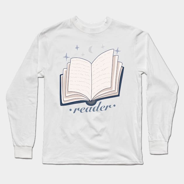 Reader blue open magic book design with stars and the moon Long Sleeve T-Shirt by loulou-artifex